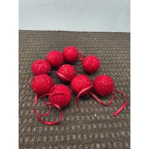 Pyramid Unbreakable Red Glitter Snow Dusted Christmas Ornaments Set of 9